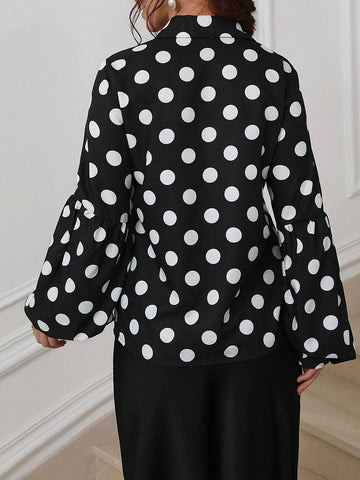 Privé 1pc Vintage Polka Dot Print Long Lantern Sleeve Loose Blouse For Women