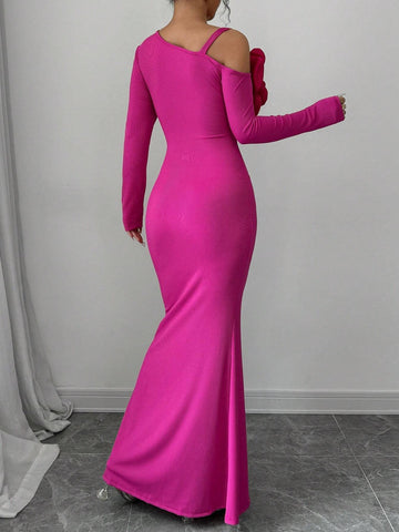 1pc Women 3D Flower Decor Long Sleeve Mermaid Hem Fitted Elegant Dress