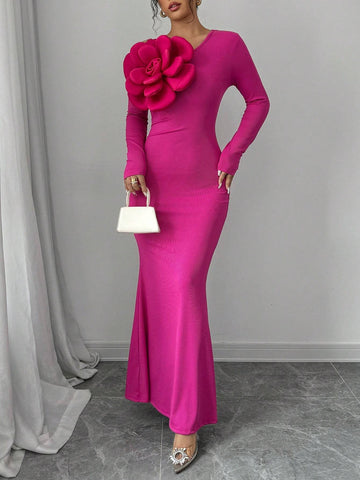 1pc Women 3D Flower Decor Long Sleeve Mermaid Hem Fitted Elegant Dress