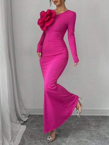 1pc Women 3D Flower Decor Long Sleeve Mermaid Hem Fitted Elegant Dress