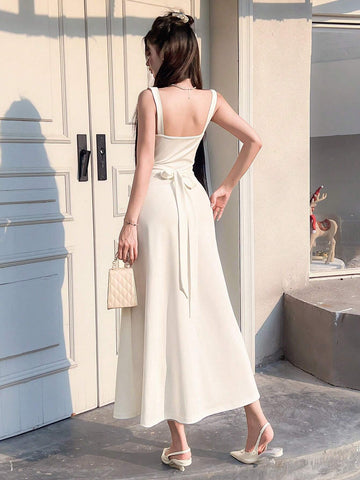 1pc Women Elegant Backless Bow Tie Solid Color Slip Dress, Summer