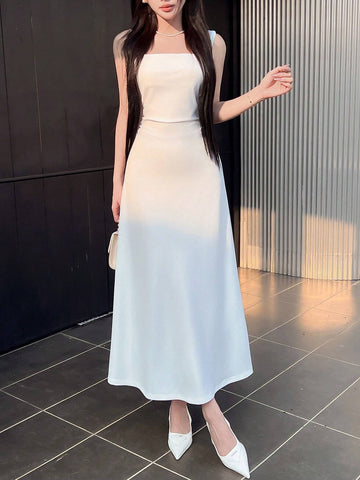 1pc Women Elegant Backless Bow Tie Solid Color Slip Dress, Summer
