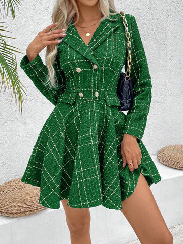 1pc Women Front Button Long Sleeve Plaid Fake Pocket Plaid Dress, Casual For Daily Wear