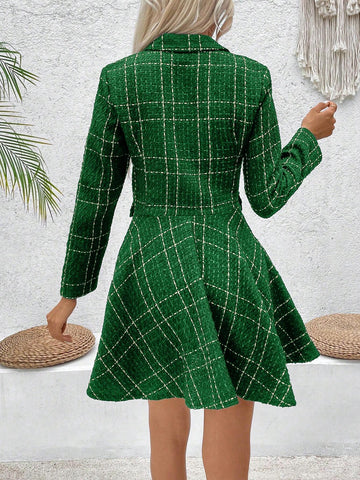 1pc Women Front Button Long Sleeve Plaid Fake Pocket Plaid Dress, Casual For Daily Wear