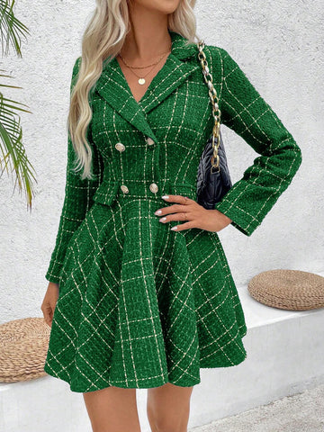 1pc Women Front Button Long Sleeve Plaid Fake Pocket Plaid Dress, Casual For Daily Wear