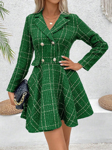 1pc Women Front Button Long Sleeve Plaid Fake Pocket Plaid Dress, Casual For Daily Wear