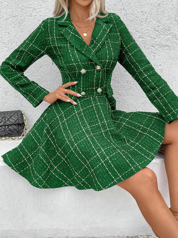 1pc Women Front Button Long Sleeve Plaid Fake Pocket Plaid Dress, Casual For Daily Wear