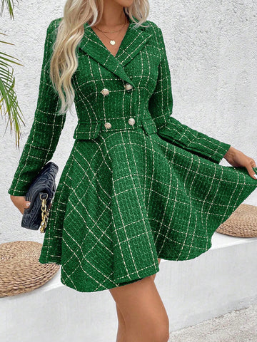 1pc Women Front Button Long Sleeve Plaid Fake Pocket Plaid Dress, Casual For Daily Wear