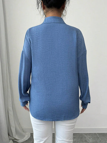 Privé 1pc Women Plain Color Front Button Knot Hem Asymmetric Long Sleeve Blouse