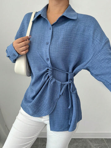 Privé 1pc Women Plain Color Front Button Knot Hem Asymmetric Long Sleeve Blouse