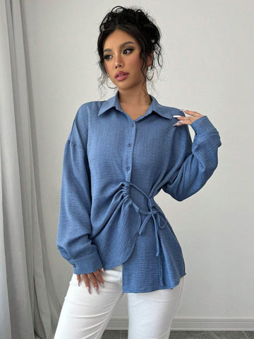 Privé 1pc Women Plain Color Front Button Knot Hem Asymmetric Long Sleeve Blouse