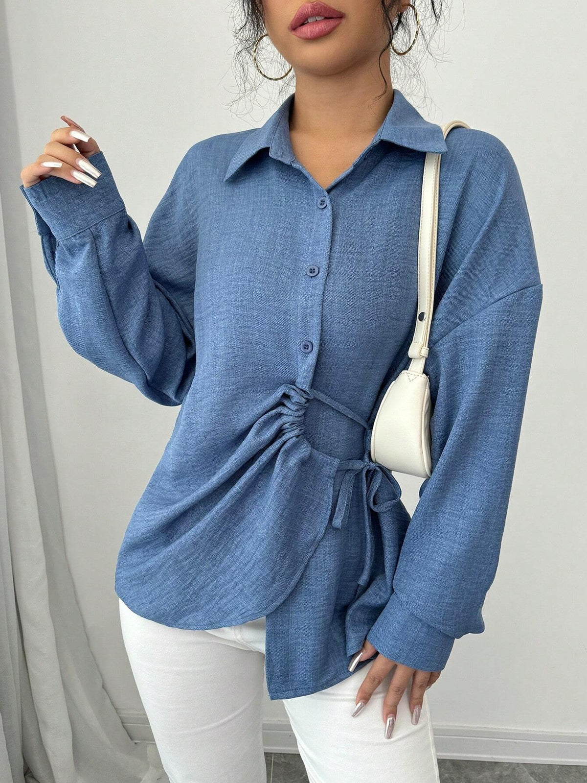 Privé 1pc Women Plain Color Front Button Knot Hem Asymmetric Long Sleeve Blouse