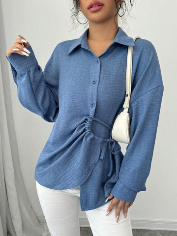 Privé 1pc Women Plain Color Front Button Knot Hem Asymmetric Long Sleeve Blouse