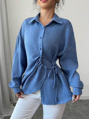 Privé 1pc Women Plain Color Front Button Knot Hem Asymmetric Long Sleeve Blouse