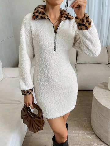 1pc Women Solid Color Contrast Zipper Front Long Sleeve Minimalist Short Dress