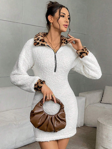1pc Women Solid Color Contrast Zipper Front Long Sleeve Minimalist Short Dress
