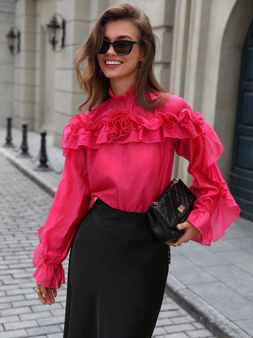 Privé 1pc Women's Autumn Elegant Ruffle Hem Loose Long Sleeve Blouse