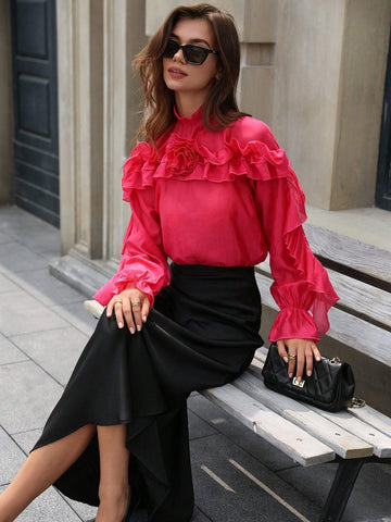 Privé 1pc Women's Autumn Elegant Ruffle Hem Loose Long Sleeve Blouse