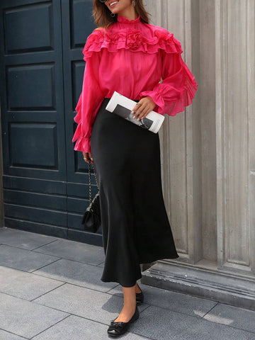 Privé 1pc Women's Autumn Elegant Ruffle Hem Loose Long Sleeve Blouse