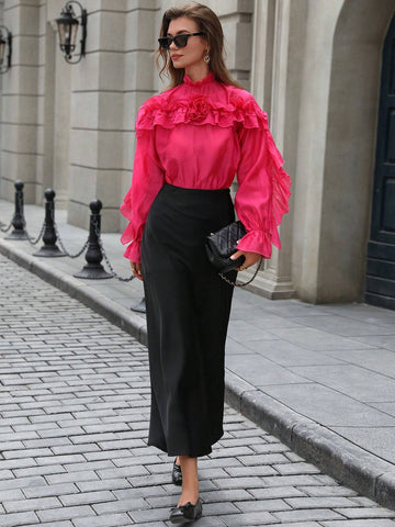 Privé 1pc Women's Autumn Elegant Ruffle Hem Loose Long Sleeve Blouse