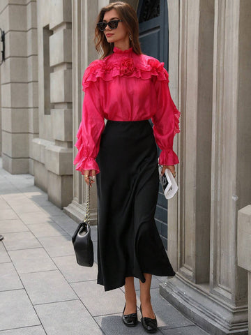 Privé 1pc Women's Autumn Elegant Ruffle Hem Loose Long Sleeve Blouse