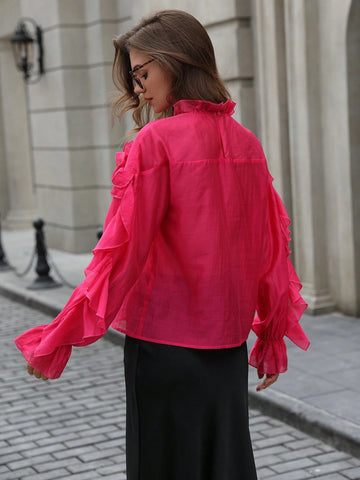 Privé 1pc Women's Autumn Elegant Ruffle Hem Loose Long Sleeve Blouse