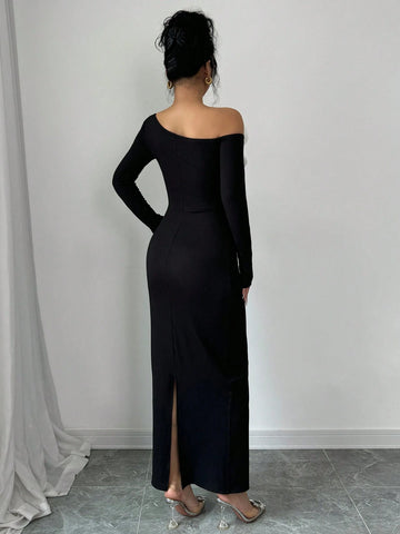 1pc Women's Fitted Slit Oblique Shoulder Long Sleeve 3D Floral Long Dress