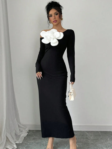 1pc Women's Fitted Slit Oblique Shoulder Long Sleeve 3D Floral Long Dress