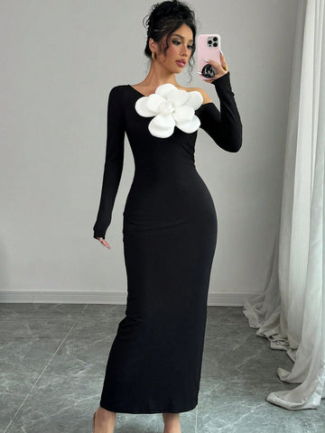 1pc Women's Fitted Slit Oblique Shoulder Long Sleeve 3D Floral Long Dress