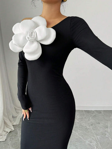 1pc Women's Fitted Slit Oblique Shoulder Long Sleeve 3D Floral Long Dress