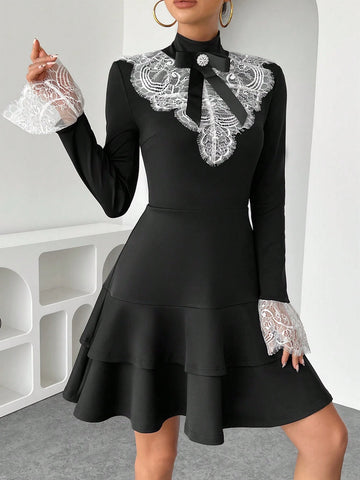 1pc Women's Lace Patchwork Long Sleeve Cinched Waist Ruffle Decor Bow Accent Elegant Dress,