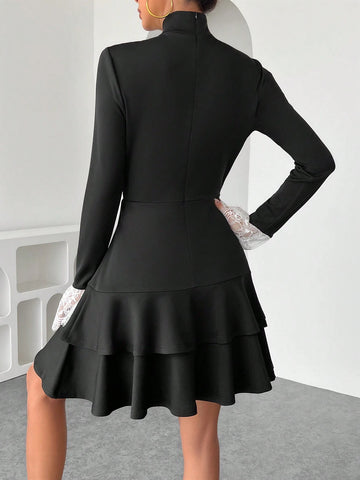 1pc Women's Lace Patchwork Long Sleeve Cinched Waist Ruffle Decor Bow Accent Elegant Dress,