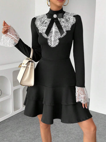1pc Women's Lace Patchwork Long Sleeve Cinched Waist Ruffle Decor Bow Accent Elegant Dress,