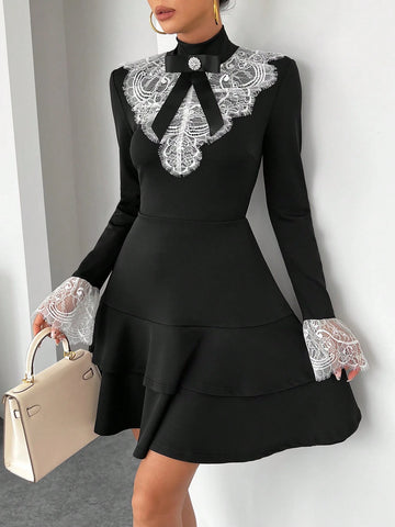 1pc Women's Lace Patchwork Long Sleeve Cinched Waist Ruffle Decor Bow Accent Elegant Dress,