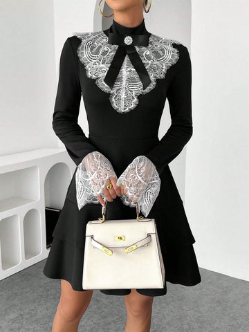 1pc Women's Lace Patchwork Long Sleeve Cinched Waist Ruffle Decor Bow Accent Elegant Dress,