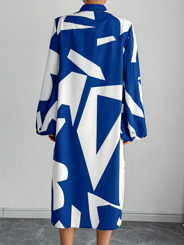 1pc Women's Random Print Solid Color Long Sleeve Short Casual Dress