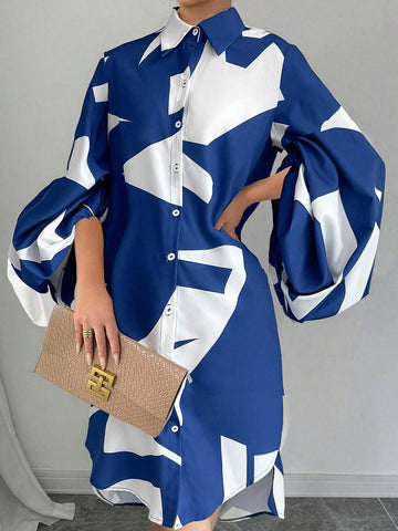 1pc Women's Random Print Solid Color Long Sleeve Short Casual Dress