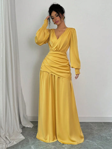 2024 Autumn New Fashion French Date Commuting Yellow V-Neck Criss-Cross Design Lantern