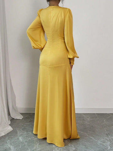 2024 Autumn New Fashion French Date Commuting Yellow V-Neck Criss-Cross Design Lantern