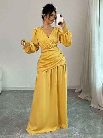 2024 Autumn New Fashion French Date Commuting Yellow V-Neck Criss-Cross Design Lantern