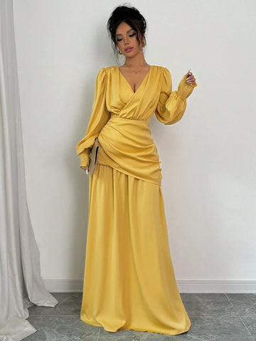 2024 Autumn New Fashion French Date Commuting Yellow V-Neck Criss-Cross Design Lantern