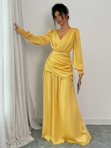 2024 Autumn New Fashion French Date Commuting Yellow V-Neck Criss-Cross Design Lantern