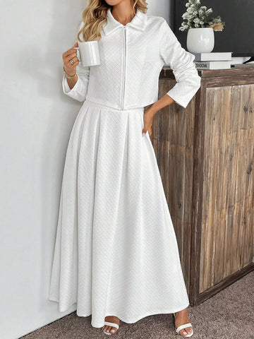 2 Piece Set: French Style Date/Commute Navy Blue Lapel Long Sleeve Cardigan & A-Line Midi Skirt, Blogger Same Style, Autumn/Winter 2024