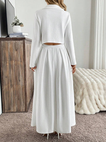 2 Piece Set: French Style Date/Commute Navy Blue Lapel Long Sleeve Cardigan & A-Line Midi Skirt, Blogger Same Style, Autumn/Winter 2024