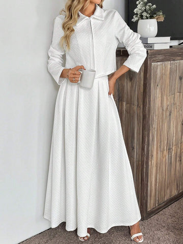 2 Piece Set: French Style Date/Commute Navy Blue Lapel Long Sleeve Cardigan & A-Line Midi Skirt, Blogger Same Style, Autumn/Winter 2024