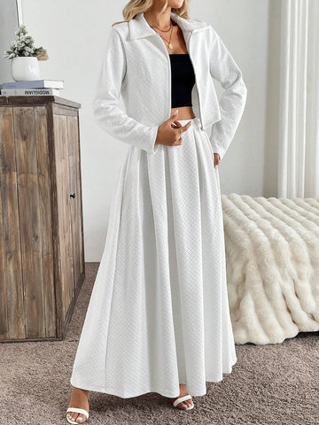 2 Piece Set: French Style Date/Commute Navy Blue Lapel Long Sleeve Cardigan & A-Line Midi Skirt, Blogger Same Style, Autumn/Winter 2024