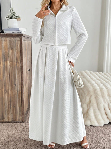 2 Piece Set: French Style Date/Commute Navy Blue Lapel Long Sleeve Cardigan & A-Line Midi Skirt, Blogger Same Style, Autumn/Winter 2024