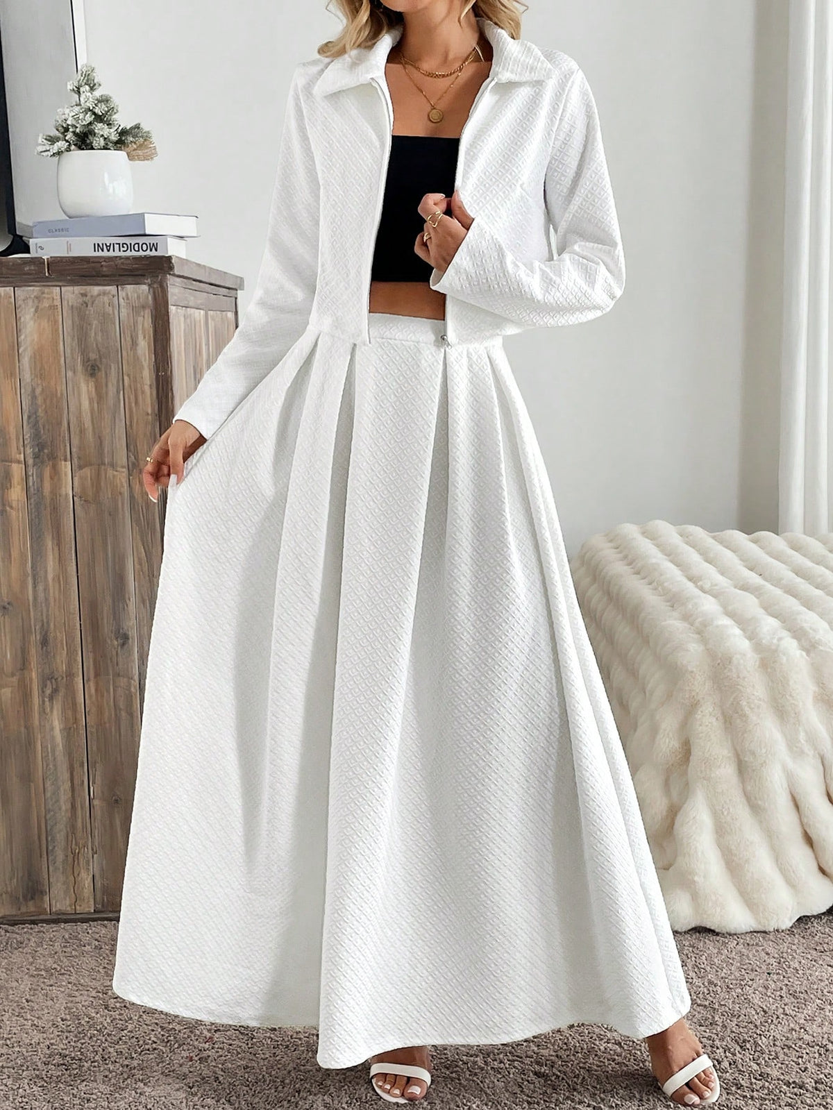 2 Piece Set: French Style Date/Commute Navy Blue Lapel Long Sleeve Cardigan & A-Line Midi Skirt, Blogger Same Style, Autumn/Winter 2024