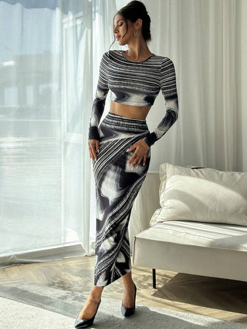 2pcs/Set Asymmetrical Printed Crew Neck Short Top & High Waist Maxi Dress Women Modern Autumn/Winter Fashion Set