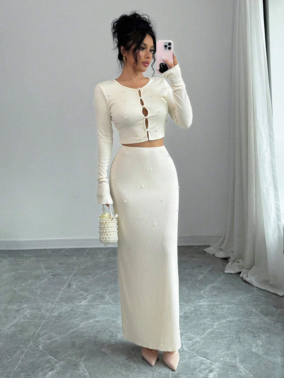 2pcs/Set Sexy Minimalist Pearl Button Cardigan Long Sleeve Top + Bodycon Mini Skirt